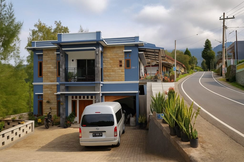Villa Ricky Bromo dua lantai bergaya modern di kawasan pegunungan Bromo, dengan desain batu alam, cat biru elegan, halaman luas, dan suasana sejuk pegunungan.